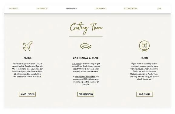 Example wedding website that includes transportation details for guests.