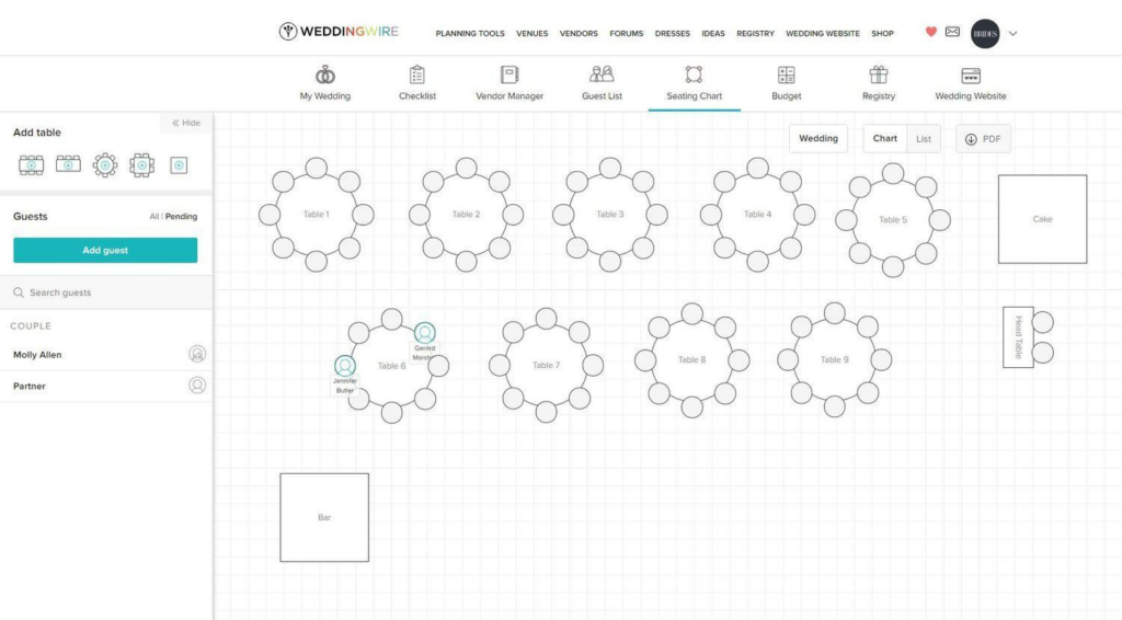 Screenshot of Wedding Wire’s drag-and-drop seating chart tool.